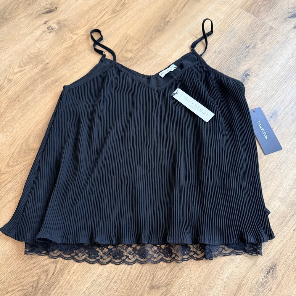 NWT KOKO + MASON Black Pleated Lace Trim‎ Camisole Top Medium